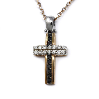 Pendente Croce Bicolore con Diamanti Neri CT 0.09 e Bianchi  CT 0.14
