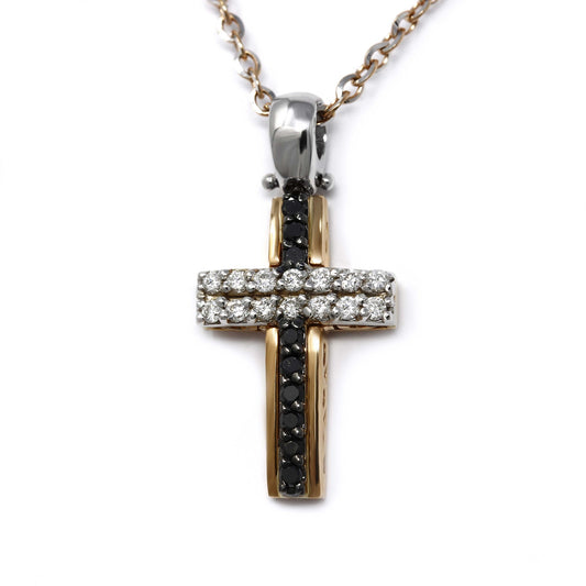 Pendente Croce Bicolore con Diamanti Neri CT 0.09 e Bianchi  CT 0.14