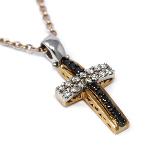 Pendente Croce Bicolore con Diamanti Neri CT 0.09 e Bianchi  CT 0.14
