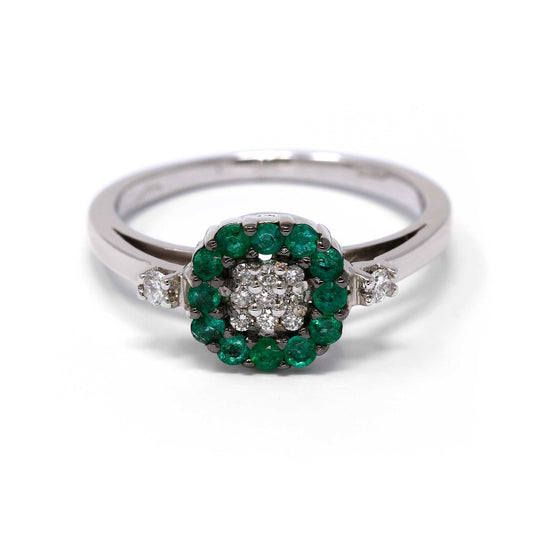 Anello a Forma di Margherita con Smeraldi e Diamanti