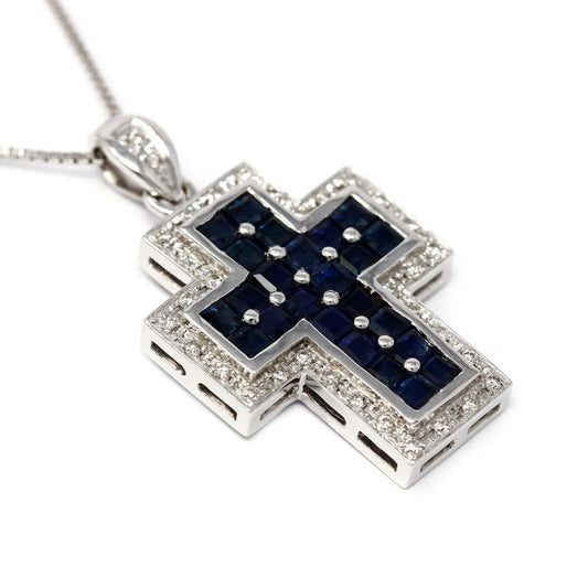 Pendente Croce con Diamanti  CT 0.17 e Zaffiri  CT 0.83