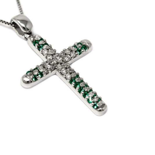 Pendente Croce con Diamanti  CT 0.12 e Smeraldi  CT 0.11