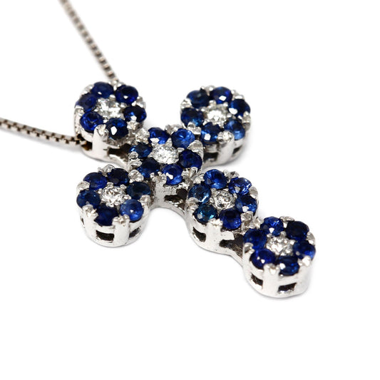 Pendente Croce con Diamanti CT 0.12 e Zaffiri CT 0.38