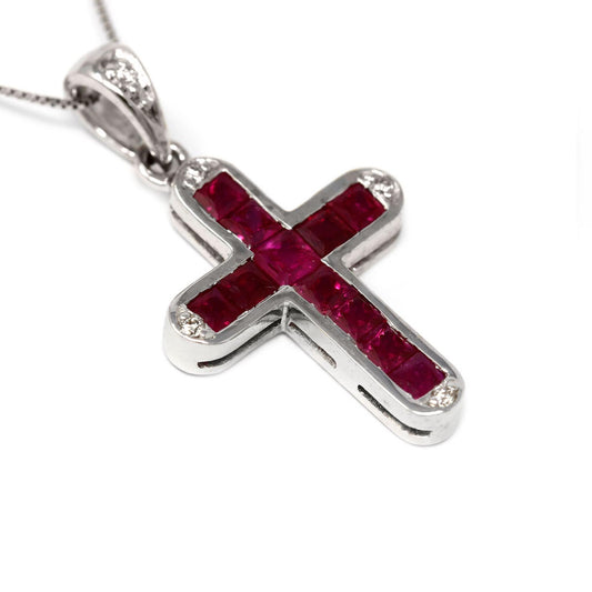 Pendente Croce con Diamanti CT 0.03 e Rubini CT 0.66