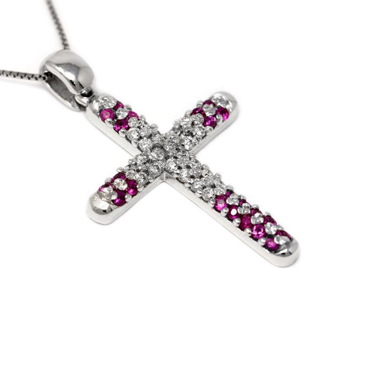 Pendente Croce con Diamanti  CT 0.12 e Rubini  CT 0.11