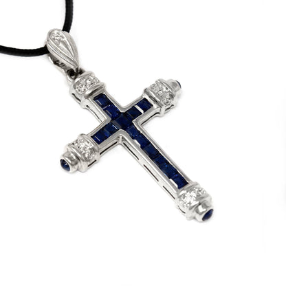 Pendente Croce con Diamanti  CT 0.07 e Zaffiri  CT 0.98
