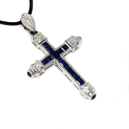Pendente Croce con Diamanti  CT 0.07 e Zaffiri  CT 0.98