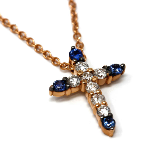 Pendente croce con Diamanti Bianchi CT 0.15 e Zaffiri CT 0.11