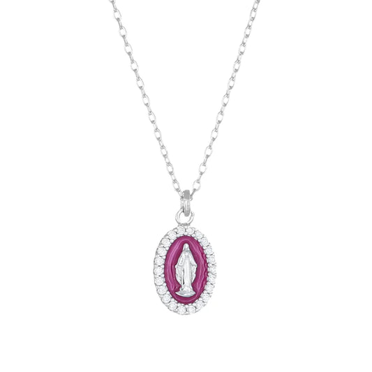 Collana Rodiata mini Medaglia Miracolosa smaltata Bordeaux Ref. CLMISMBBO