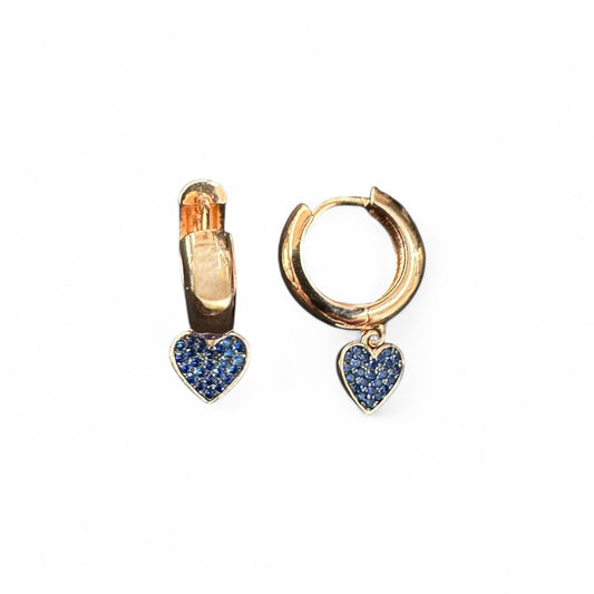 Orecchino a cerchio in argento Rosato con pendente cuore zirconato blu