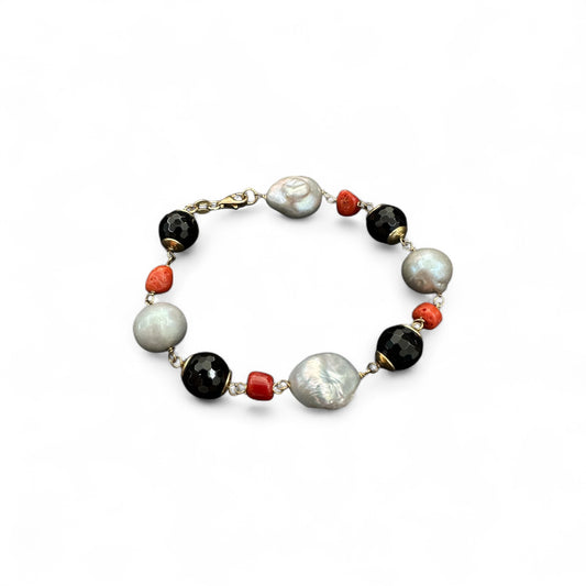 Bracciale in Argento Giallo con Perle Onice e Corallo cm 20