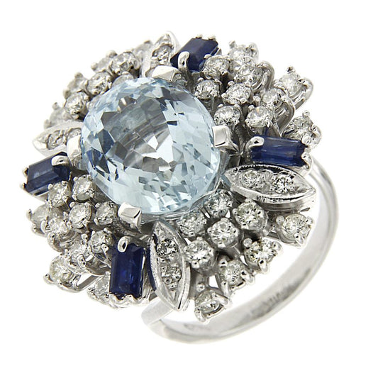 Anello Acquamarina CT 5.74 Diamanti CT 1.38 e Zaffiri CT 0.40