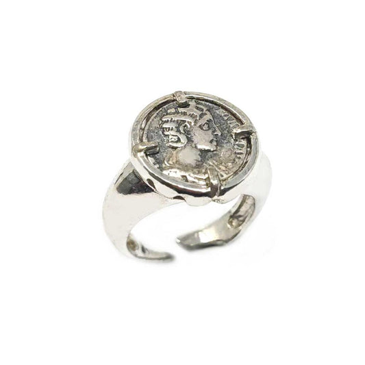 Anello Chevalier Rotondo con Moneta Romana in Argento 925 mis 15 Regolabile