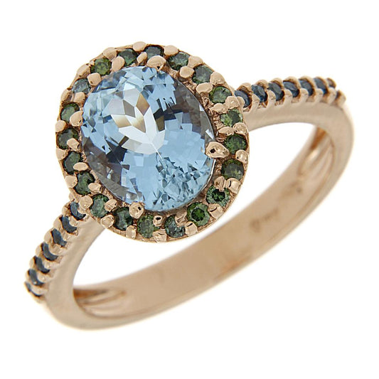 Anello con Acquamarina e Diamanti Verdi e Blu in Oro Rosa