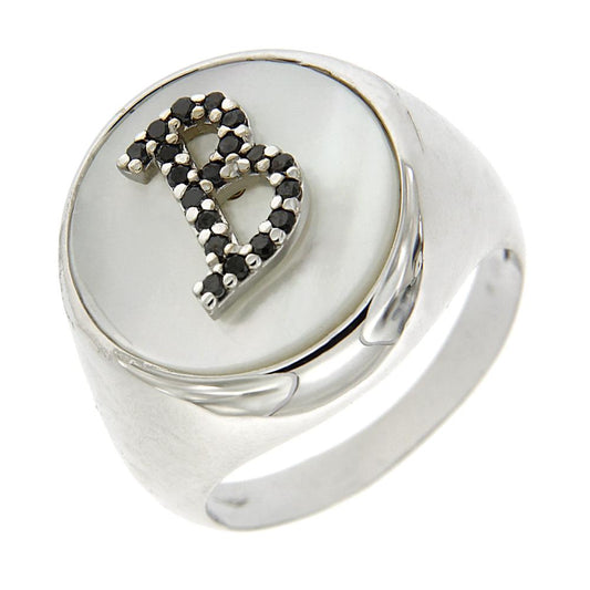 Anello con Lettera B e Diamanti Neri e Madreperla