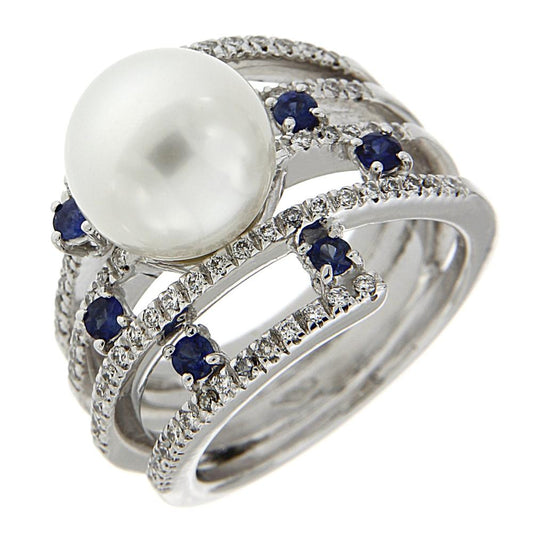 Anello con perla australiana e 72 diamanti CT 0.40 e 6 zaffiri CT 0.18