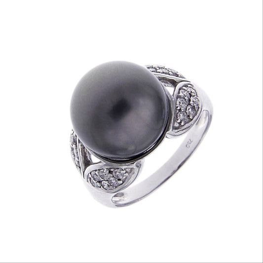 Anello con Perla Tahiti Grigia 12.5 mm e Diamanti CT 0.38
