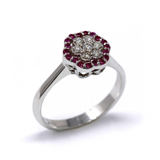 Anello Fiore con Rubini e Diamanti Bianchi