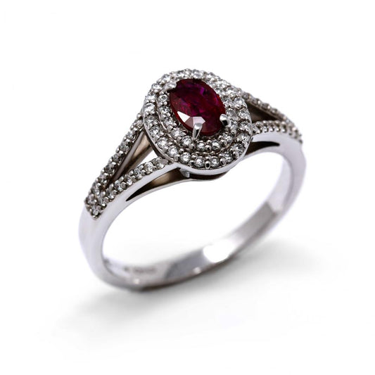 Anello con Rubino CT 0.40  Ovale e Doppio Giro di Diamanti Bianchi CT 0.32