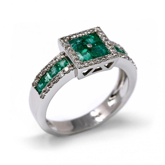 Anello con Smeraldi taglio Quadrato e Diamanti Bianchi