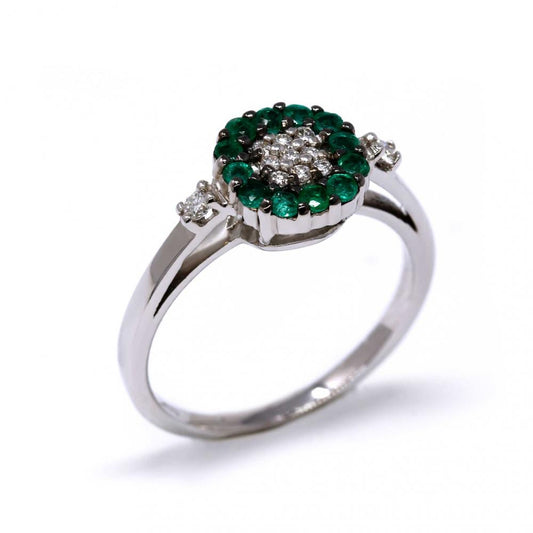Anello a Forma di Margherita con Smeraldi e Diamanti