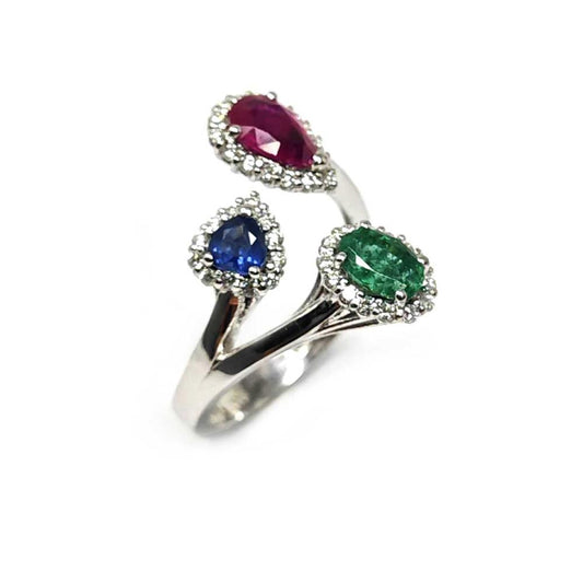 Anello con Smeraldo CT 0.40 Rubino CT 0.60 e Zaffiro CT 0.30