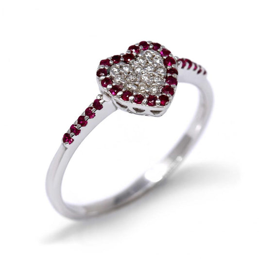 Anello a Cuore con Diamanti Bianchi CT 0.09 e Rubini CT 0.20