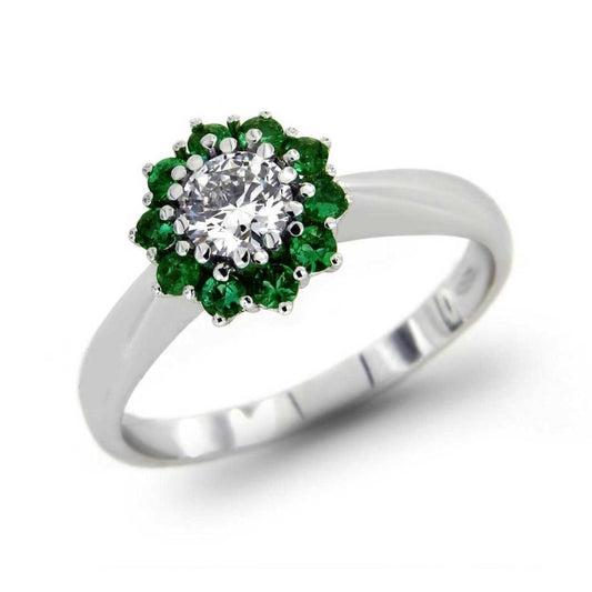 Anello Fiore con Diamante CT 0.40 e Smeraldi CT 0.26