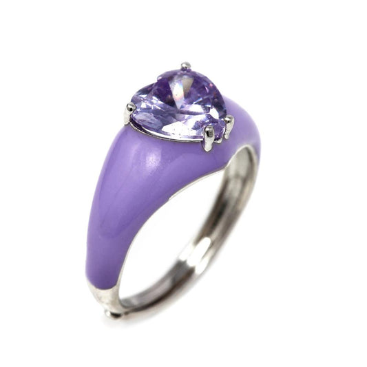 Anello in Argento 925 con Smaltato Viola e con Cuore Centrale mis 13 Regolabile