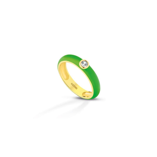 Anello in Argento 925 con smalto e zircone bianco in oro giallo e smalto verde