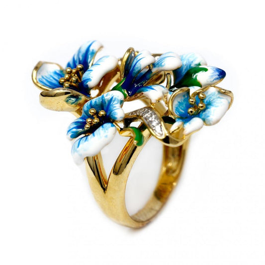 Anello in Argento 925 Giallo con Fiori Smaltati e Zirconi mis 14
