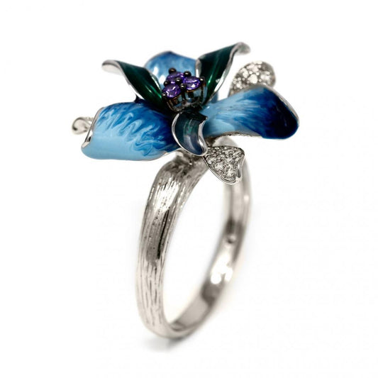 Anello in Argento 925 Giallo con Fiori Smaltati e Zirconi mis 16.5