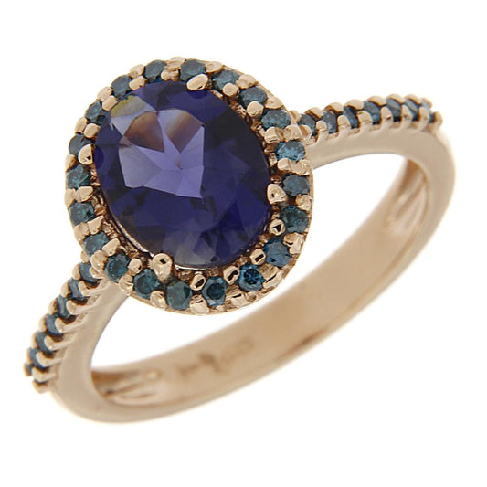 Anello in Oro Rosa con Diamanti Blu e Iolite Linea Iole