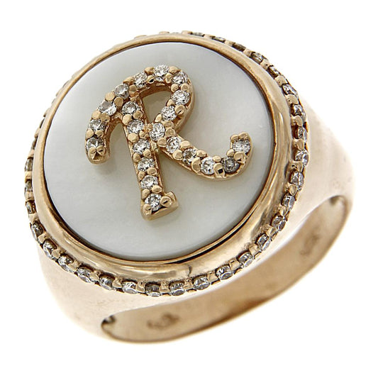 Anello in Oro Rosa con Lettera R diamanti e Madreperla