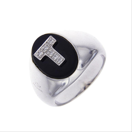 Anello Lettera T con Onice e 6 Diamanti CT 0.06