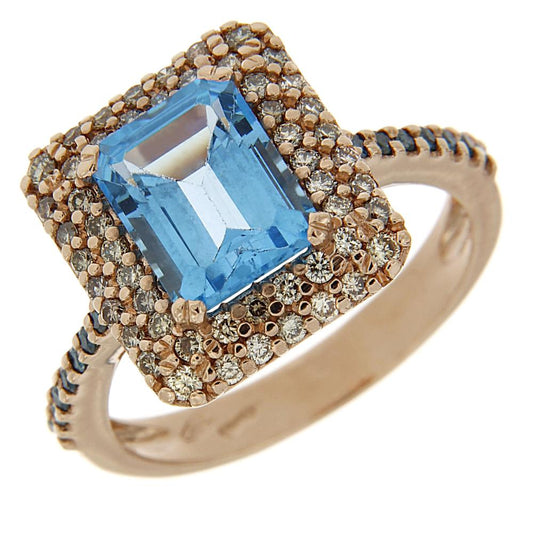 Anello oro Rosa con Topazio Azzurro e Diamanti Brown Linea Iole