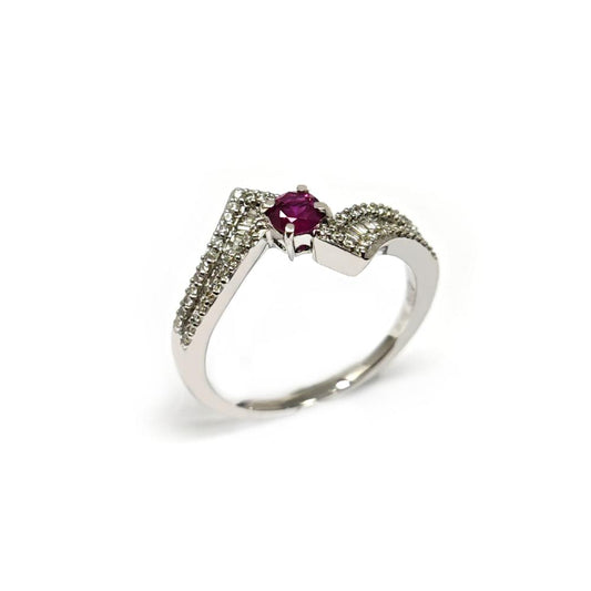 Anello Solitario con Diamanti Baguette CT 0.35 e Rubino CT 0.25