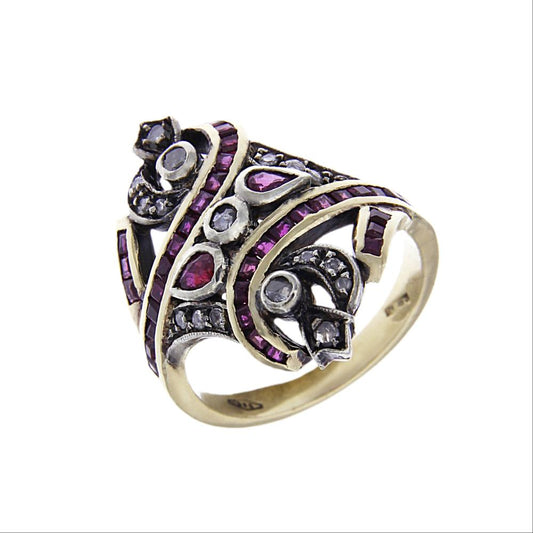 Anello Stile Antico Oro 14kt con 17 Diamanti CT 0.20 e 36 Rubini CT 1.36
