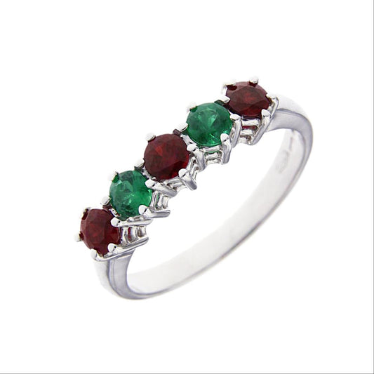 Anello Veretta 5 Pietre con 3 Rubini CT 0.60 e 2 Smeraldi CT 0.34