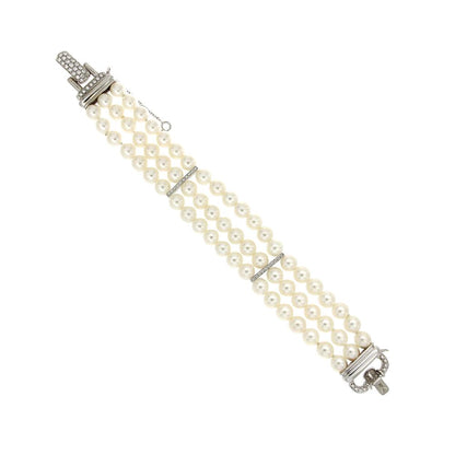 Bracciale di Perle a tre Fili con Distanziatori di Diamanti 7/7.5 mm