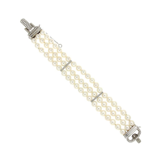 Bracciale di Perle a tre Fili con Distanziatori di Diamanti 7/7.5 mm