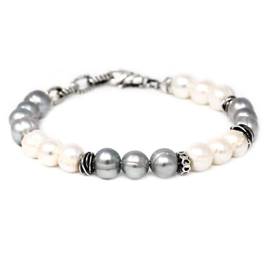 Bracciale di perle grigie e bianche con inserti in argento 925