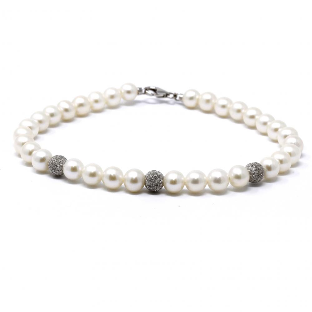 Bracciale con perle Hyriopsis e 3 perline in oro Bianco Brillantate