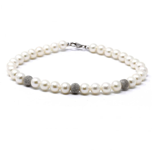 Bracciale con perle Hyriopsis e 3 perline in oro Bianco Brillantate