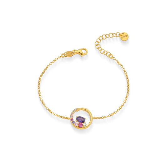 Bracciale in Argento 925 oro giallo, centrale con pietre nelle sfumature di rosa  viola e blu.