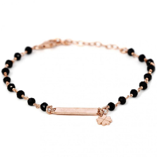 Bracciale in Argento 925 Rosato con Piastra, Onice e Quadrifoglio  cm 16.5+3