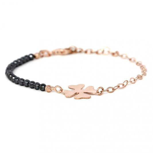 Bracciale in Argento 925 Rosato con Pietre Nere e Quadrifoglio al centro cm 17.5+2