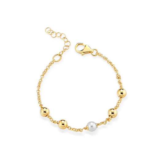 Bracciale in ottone placato Oro 24K, catena con 4 sfere e perla da 6 mm OPS.
