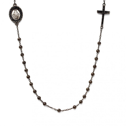 Collane Rosario in Argento 925 con Croce e Madonnina Ruteniata Nera e Zirconi Neri