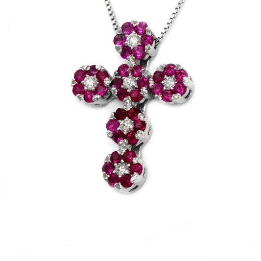 Croce Linea Fiore con Diamanti CT 0.12 e Rubini CT 0.40